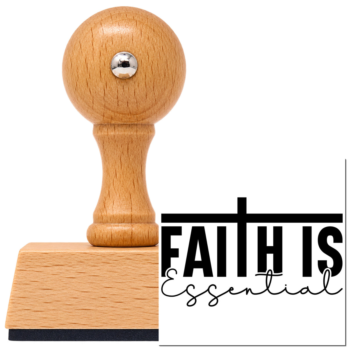 Vintage Pro beech wood stamp with a round knob handle, shown with its black Faith Is Essential Flowing Script imprint on white.