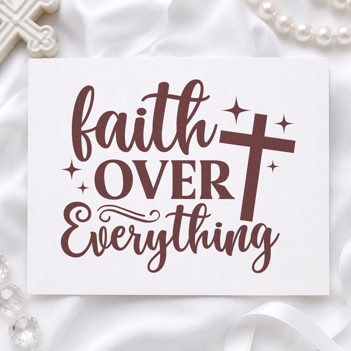 Faith over Everything rubber stamp printed in brown ink, ready for retreat title pages and similar paper crafts.