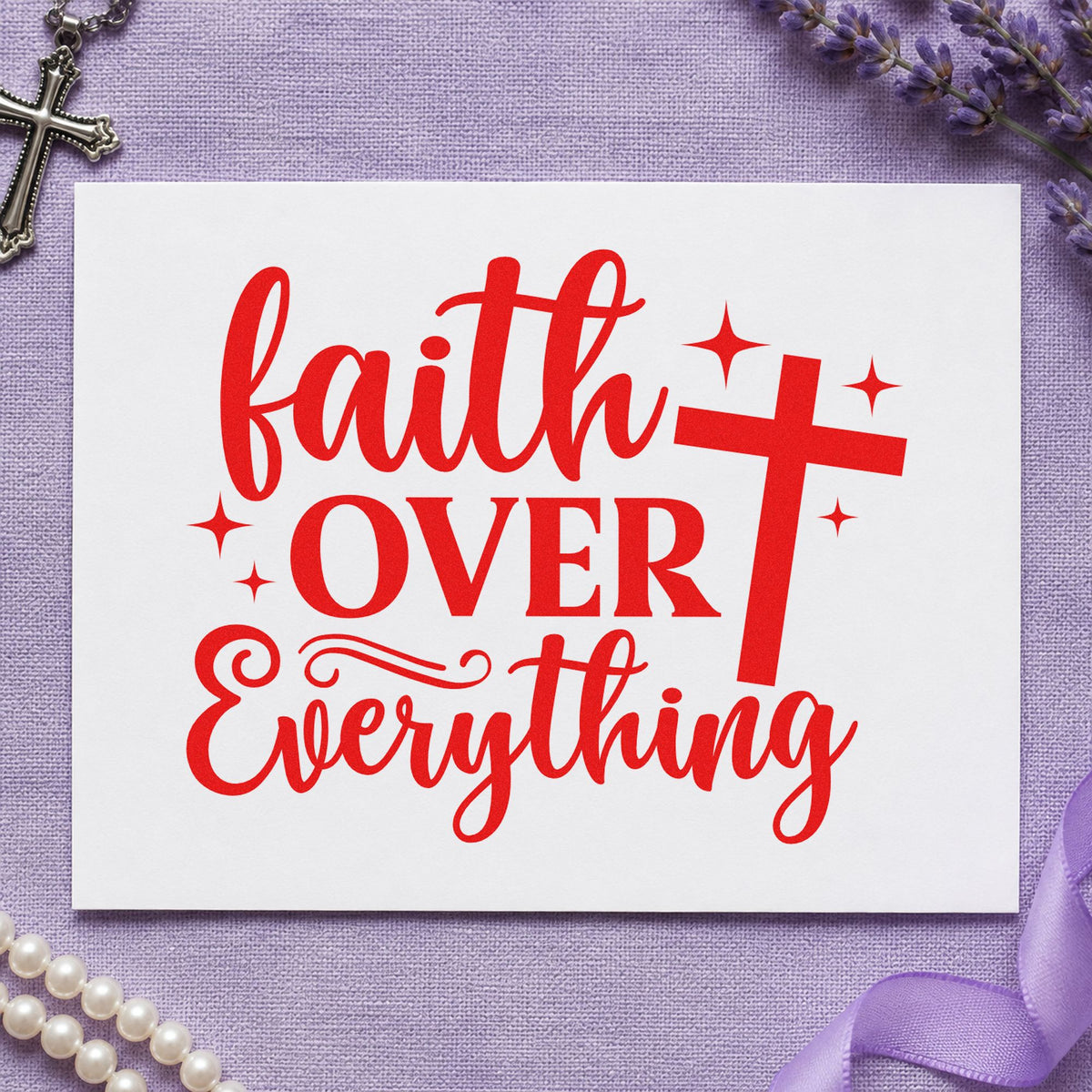 Faith over Everything rubber stamp shown in red ink, stamped for projects such as memory verse rewards.