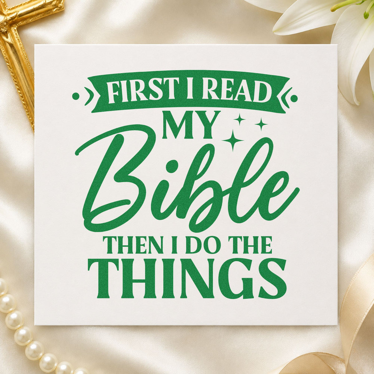 First I Read My Bible craft stamp imprint in green ink on a handmade project, one idea being homeschool planners.