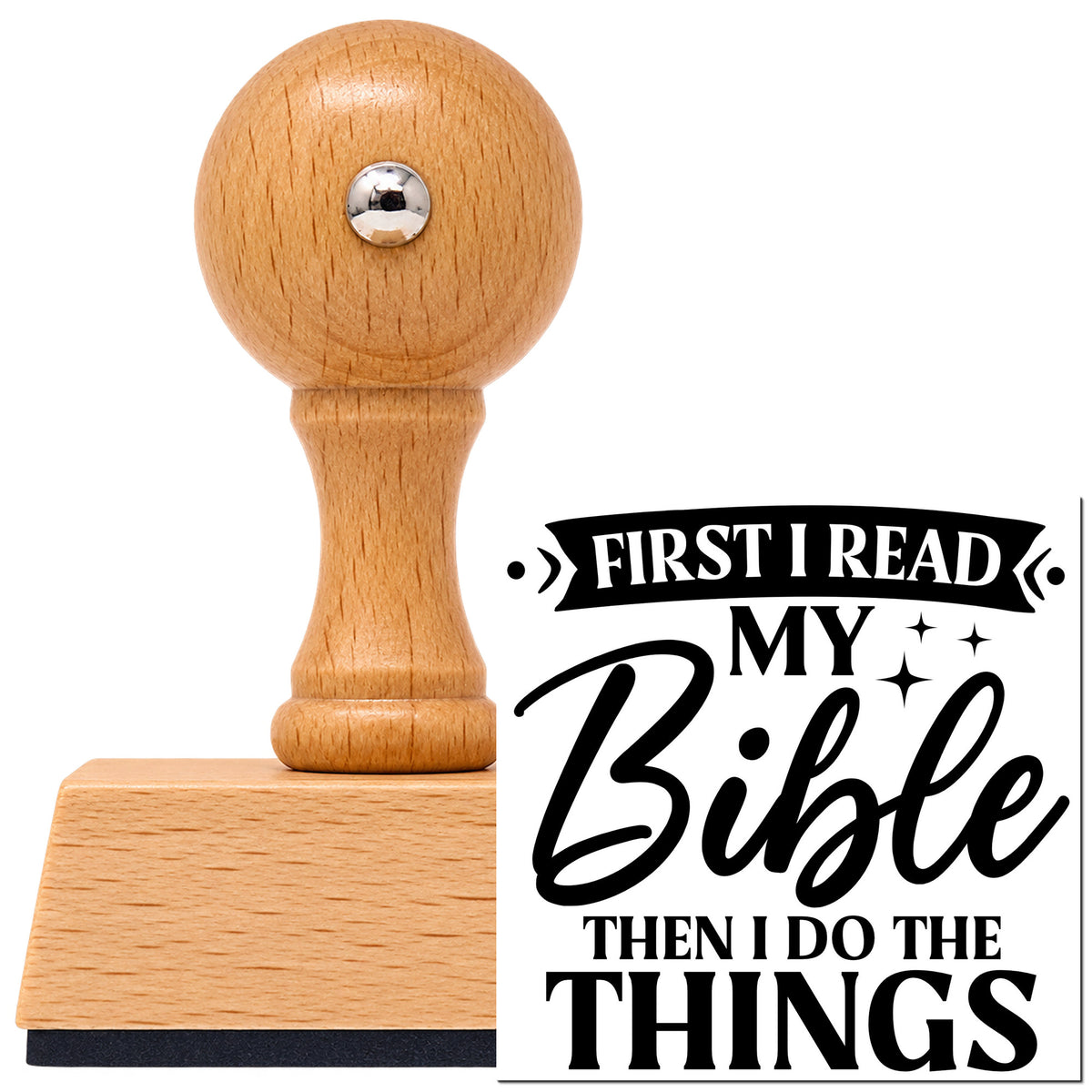 Vintage Pro beech wood stamp with a round knob handle, shown with its black First I Read My Bible imprint on white.