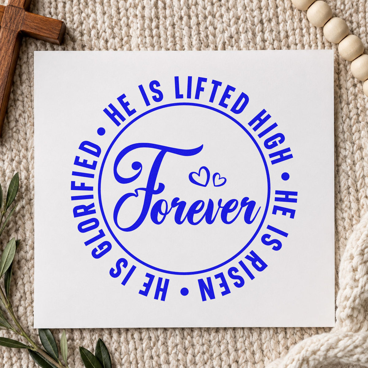 Forever He Is Risen craft stamp in blue ink on cardstock, an easy option for candle gift tags.
