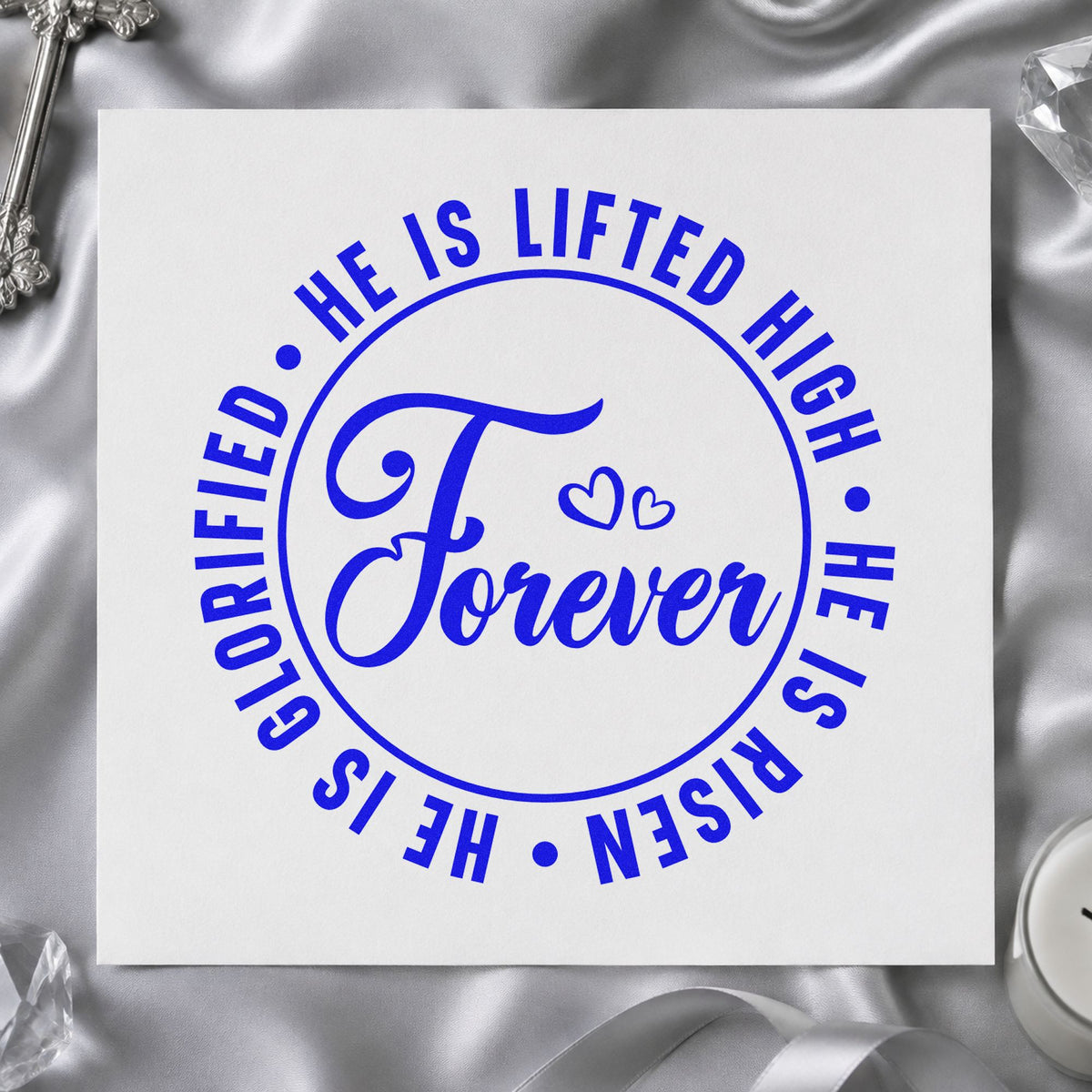 Forever He Is Risen craft stamp imprinted in blue ink on paper, a design suited to choir folder covers.