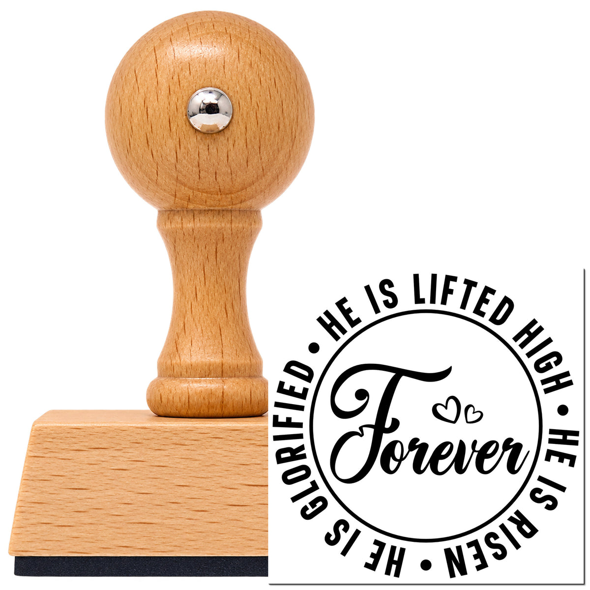 Vintage Pro beech wood stamp with a round knob handle, shown with its black Forever He Is Risen imprint on white.