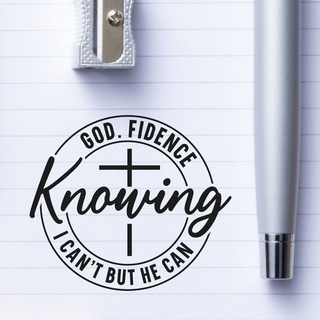 Black faith seal stamp on lined paper with cross and silver pen, reading God-Fidence Knowing I cant but He can.