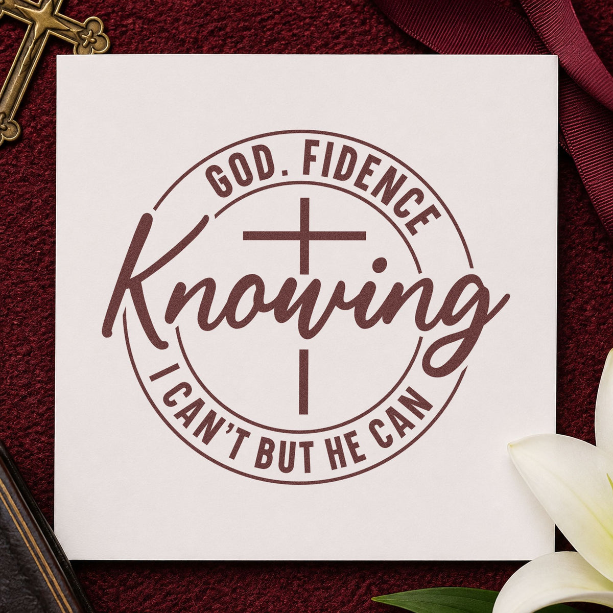 Godfidence Knowing He Can rubber stamp printed in brown ink, ready for recital scrapbooks and similar paper crafts.