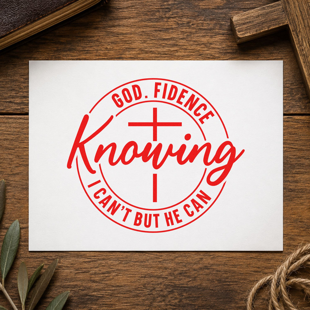 Godfidence Knowing He Can rubber stamp shown in red ink, stamped for projects such as graduation gift tags.
