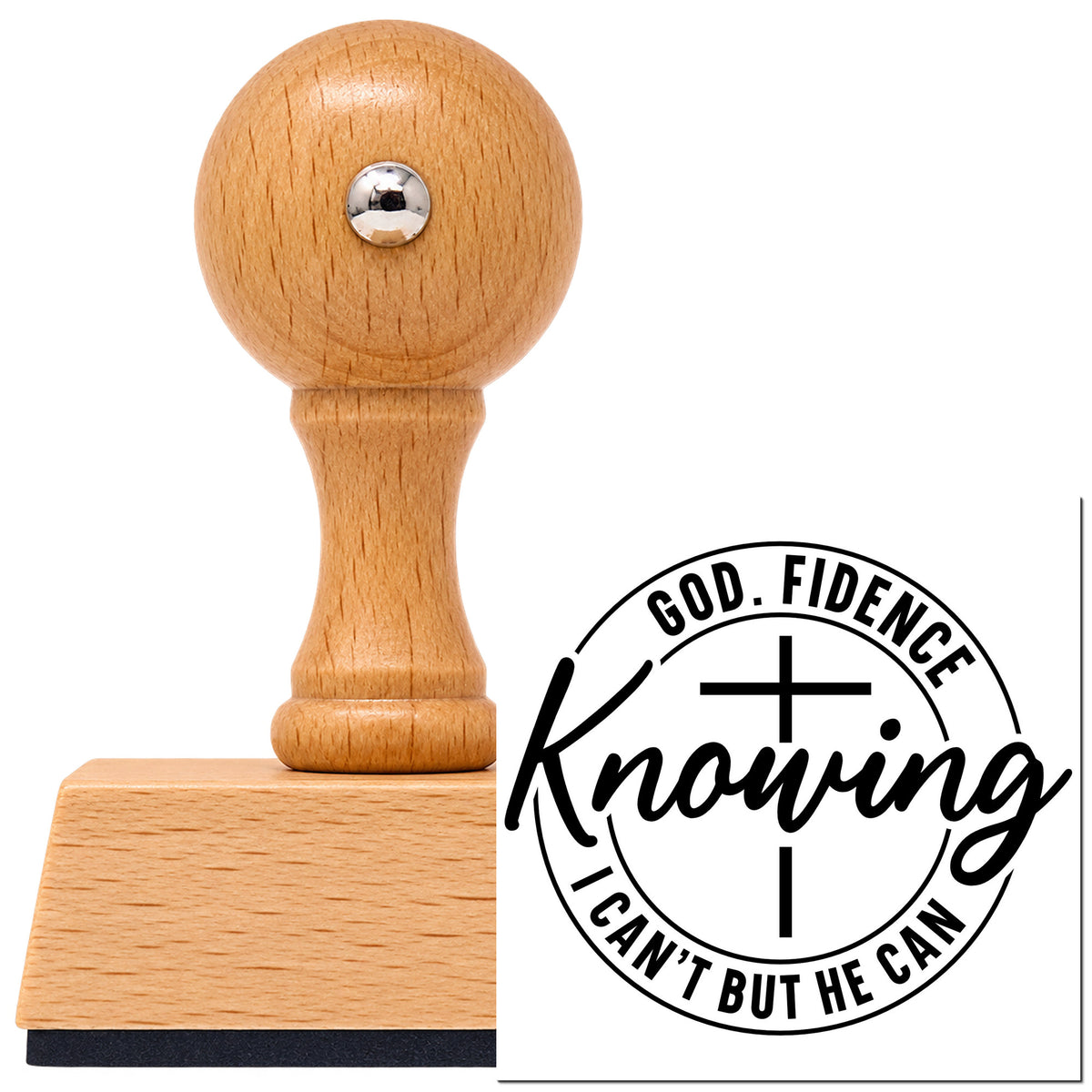 Vintage Pro beech wood stamp with a round knob handle, shown with its black Godfidence Knowing He Can With Cross imprint on white.