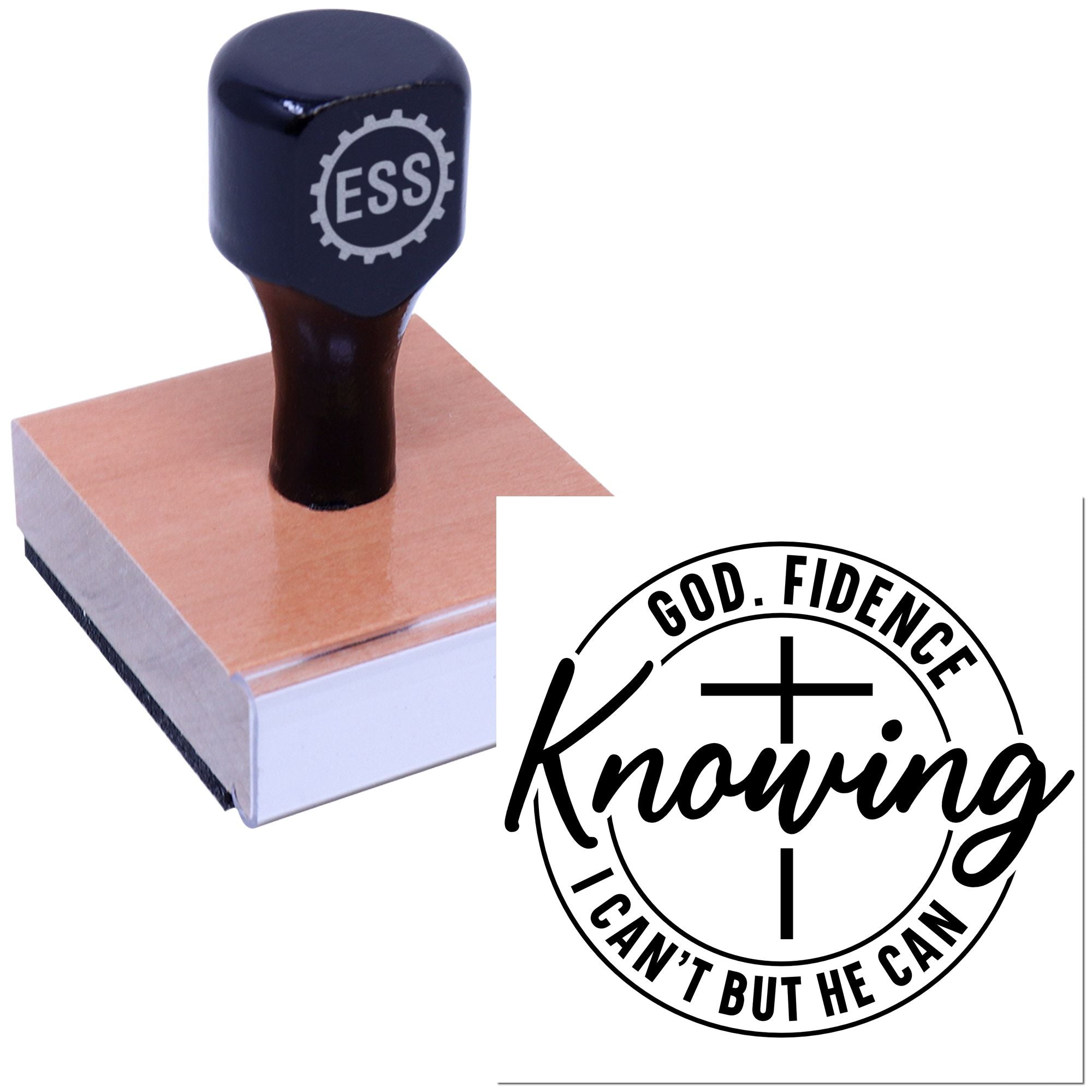 Navy ESS rubber stamp on a wooden block beside a black circular faith seal reading God-fidence.