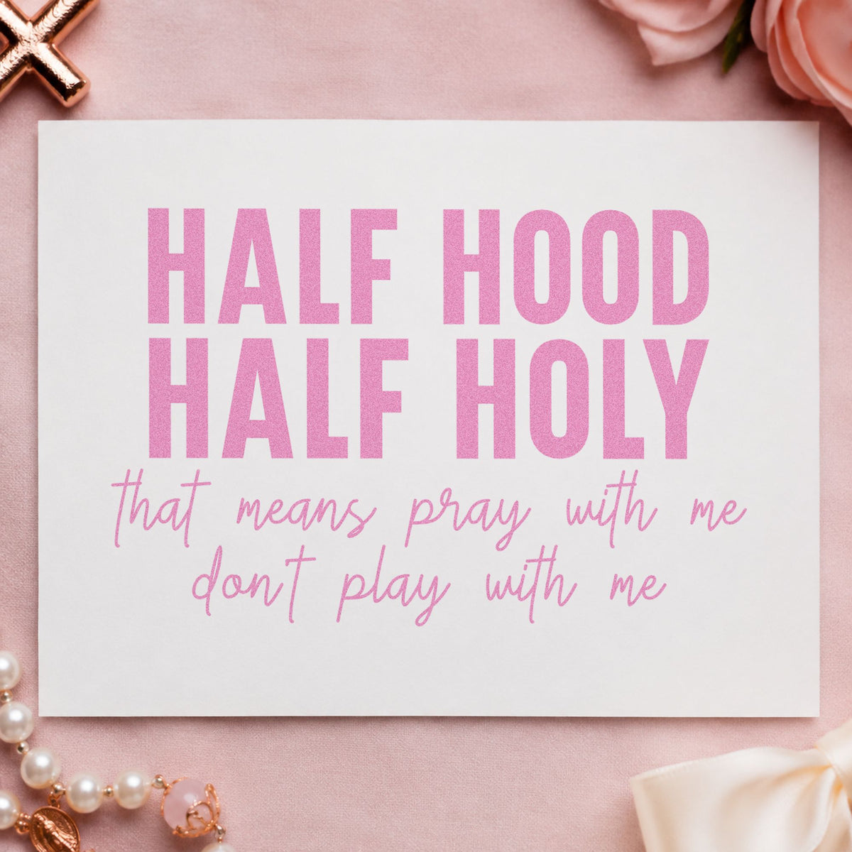 Half Hood Half Holy craft stamp in purple ink on cardstock, an easy option for birthday gift tags.