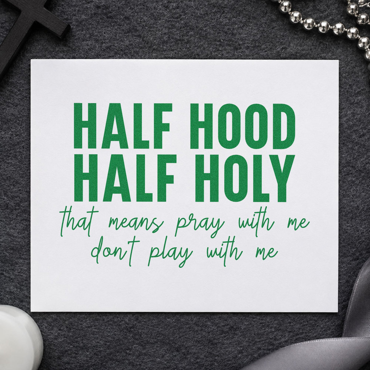 Half Hood Half Holy craft stamp imprint in green ink on a handmade project, one idea being statement totes.