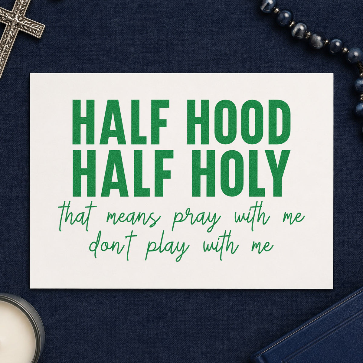 Half Hood Half Holy craft stamp imprint in green ink on a handmade project, one idea being retreat swag tags.
