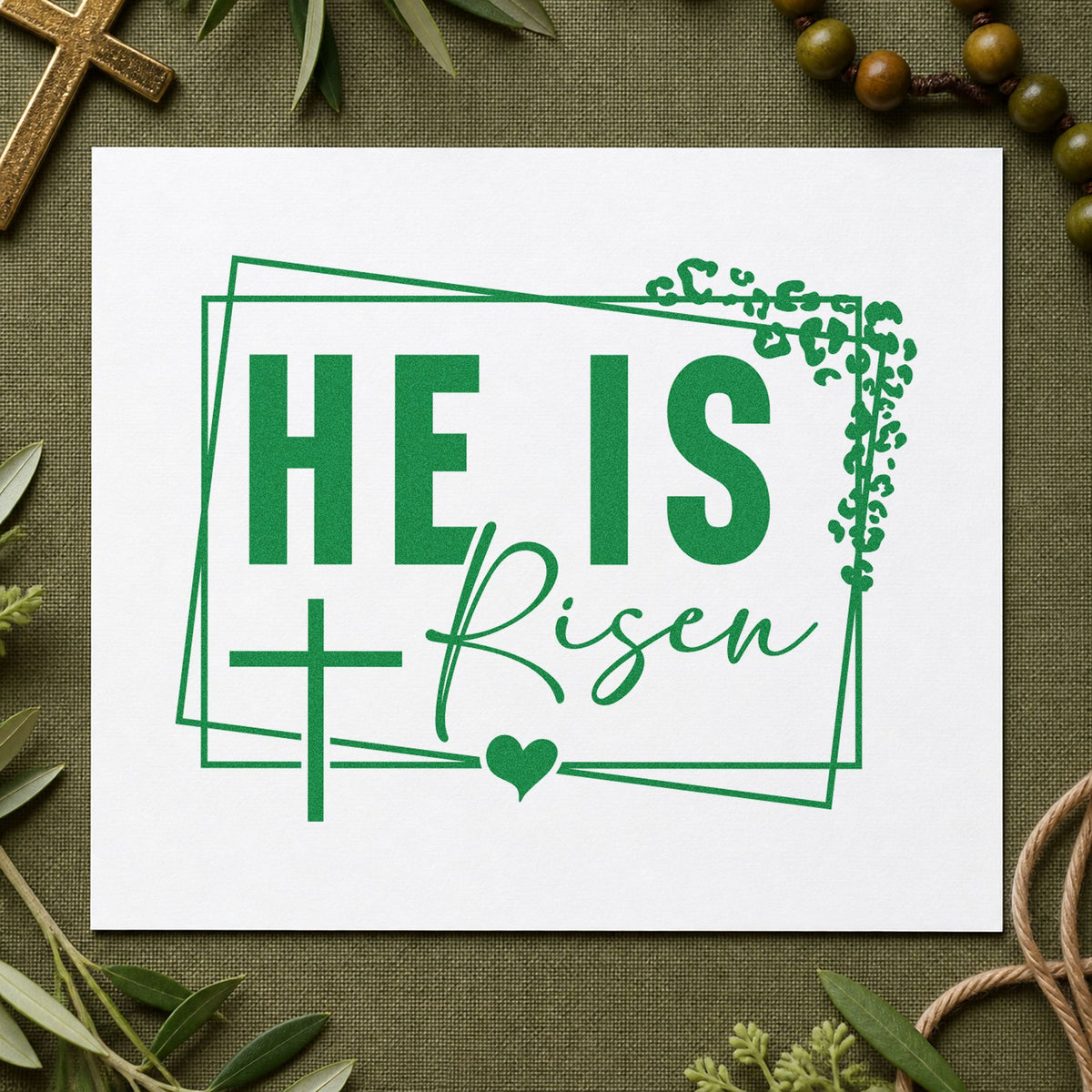 He Is Risen Floral Frame craft stamp imprint in green ink on a handmade project, one idea being dinner name settings.