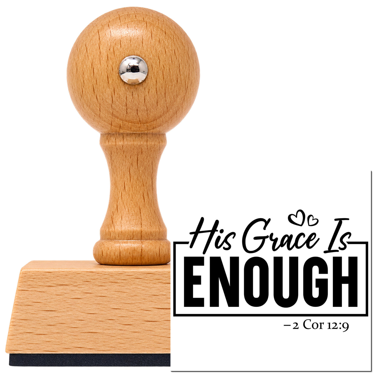 Vintage Pro beech wood stamp with a round knob handle, shown with its black His Grace Is Enough imprint on white.