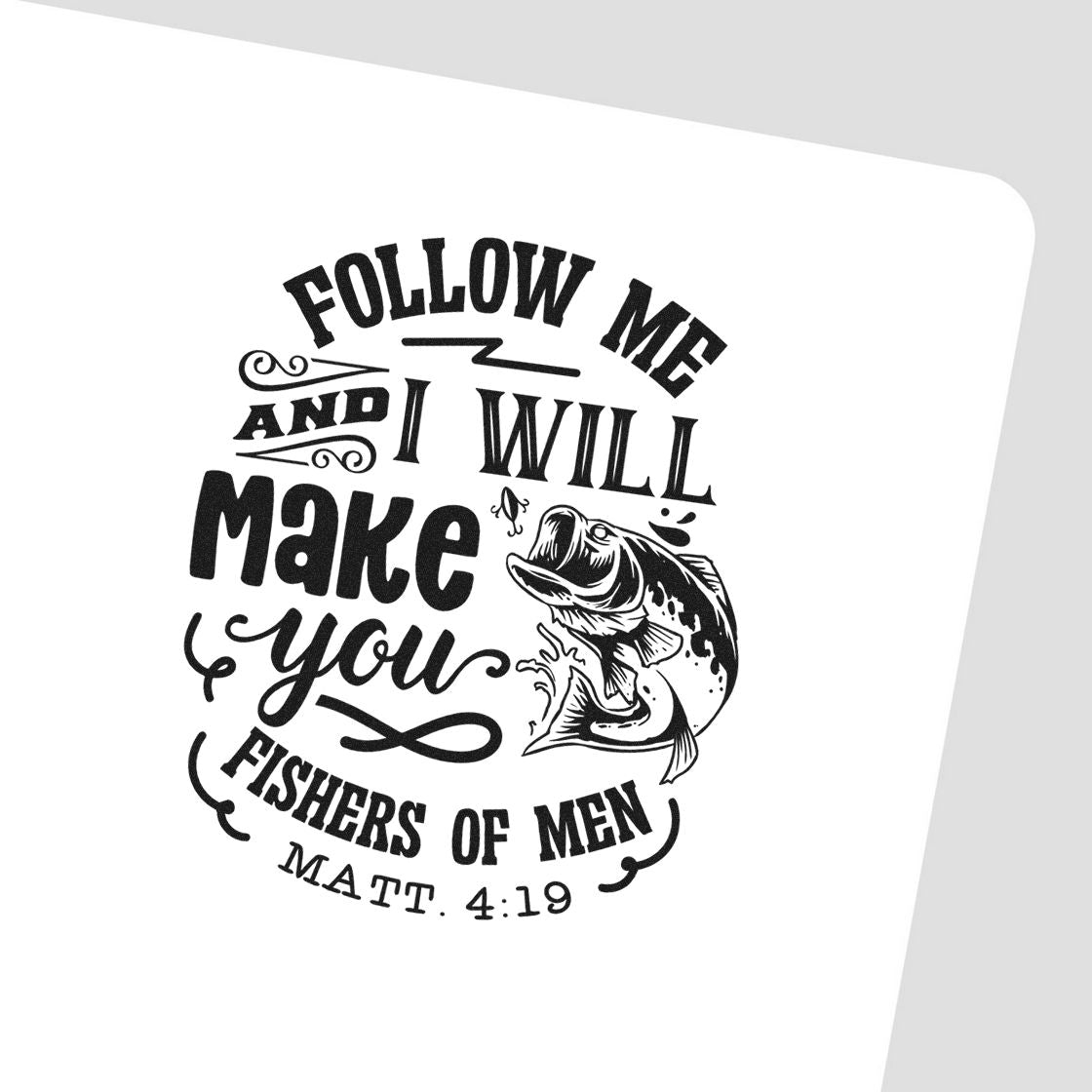 Black stamp-and-seal design with a jumping fish and scripture text, Follow me and I will make you fishers of men, on white.
