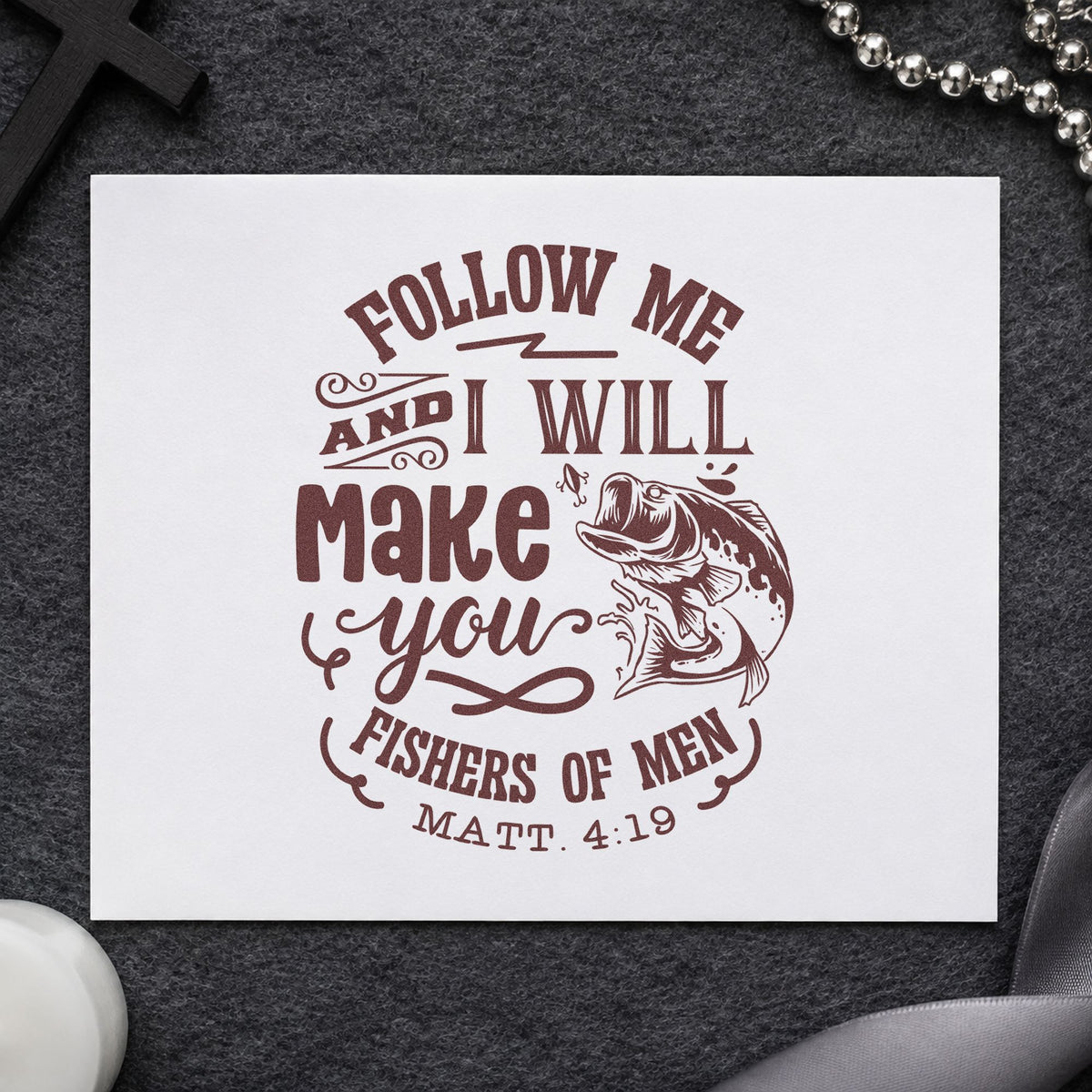 Follow Me Fishers of Men rubber stamp printed in brown ink, ready for lake trip scrapbooks and similar paper crafts.