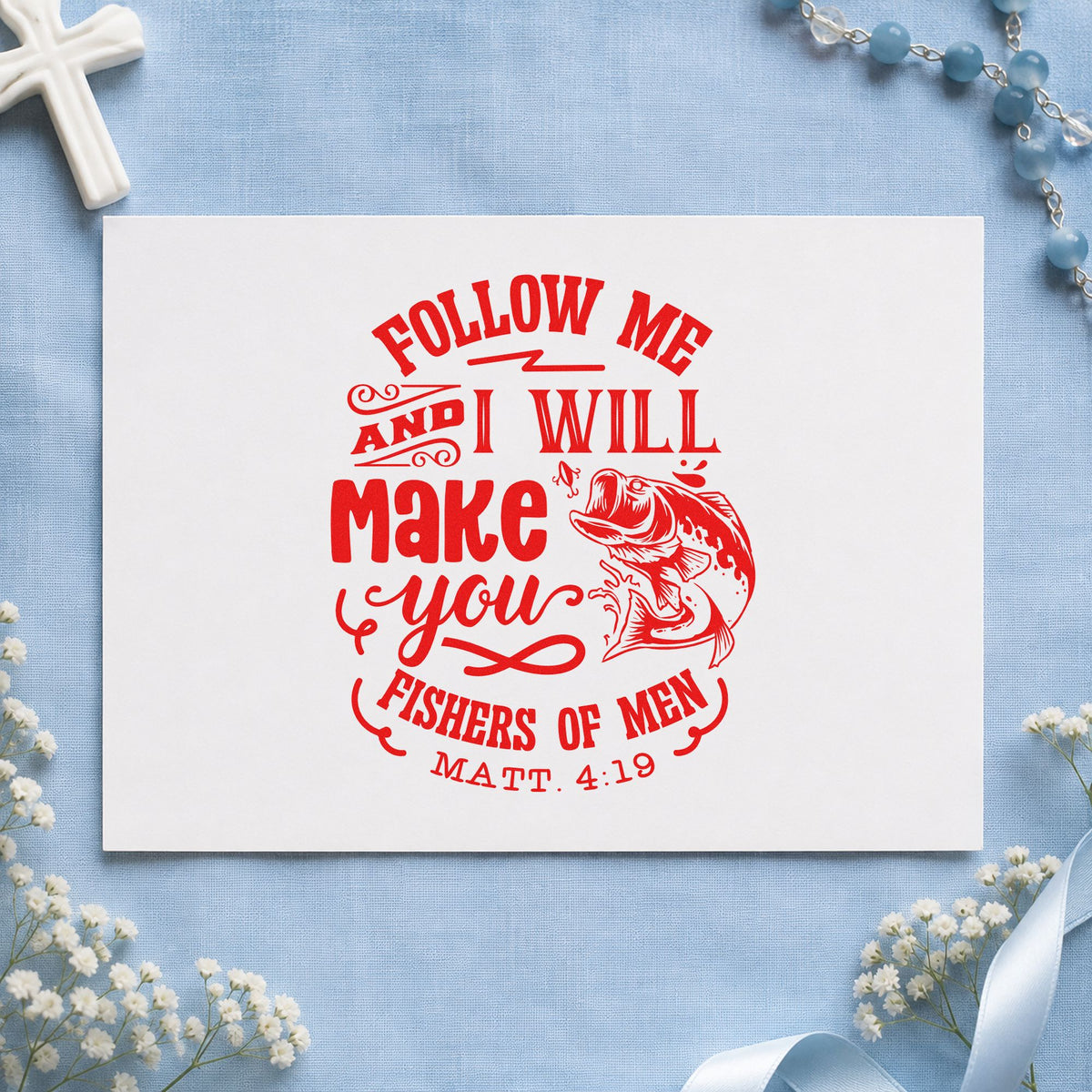 Follow Me Fishers of Men rubber stamp shown in red ink, stamped for projects such as outreach invitations.