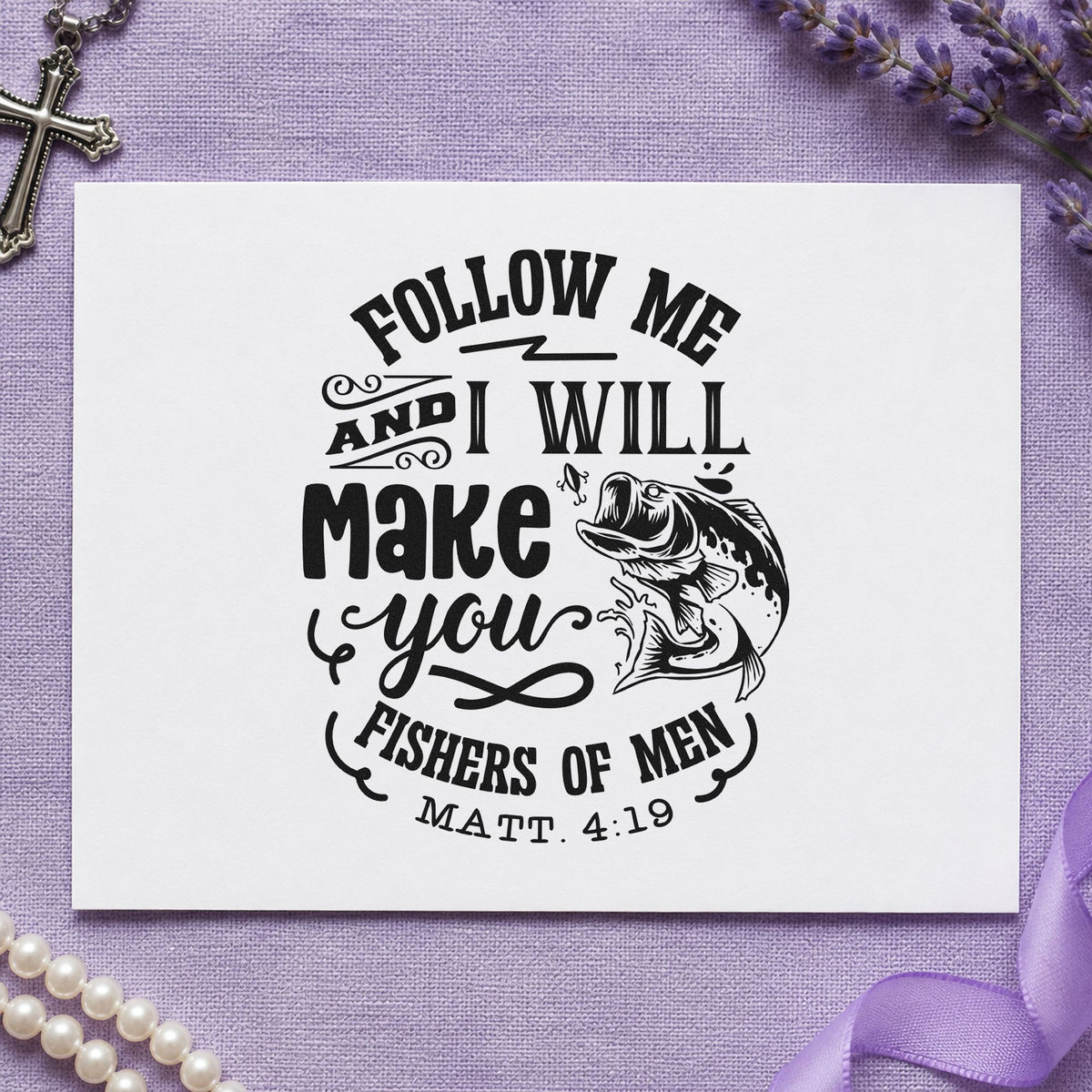 Follow Me Fishers of Men rubber stamp printed in black ink, ready for stacked fish cards and similar paper crafts.