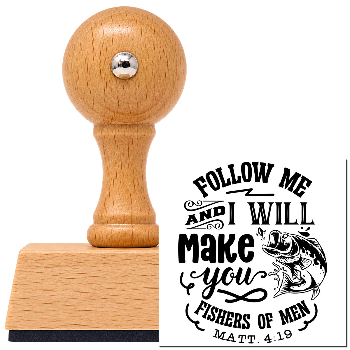 Vintage Pro beech wood stamp with a round knob handle, shown with its black Follow Me Fishers Of Men imprint on white.
