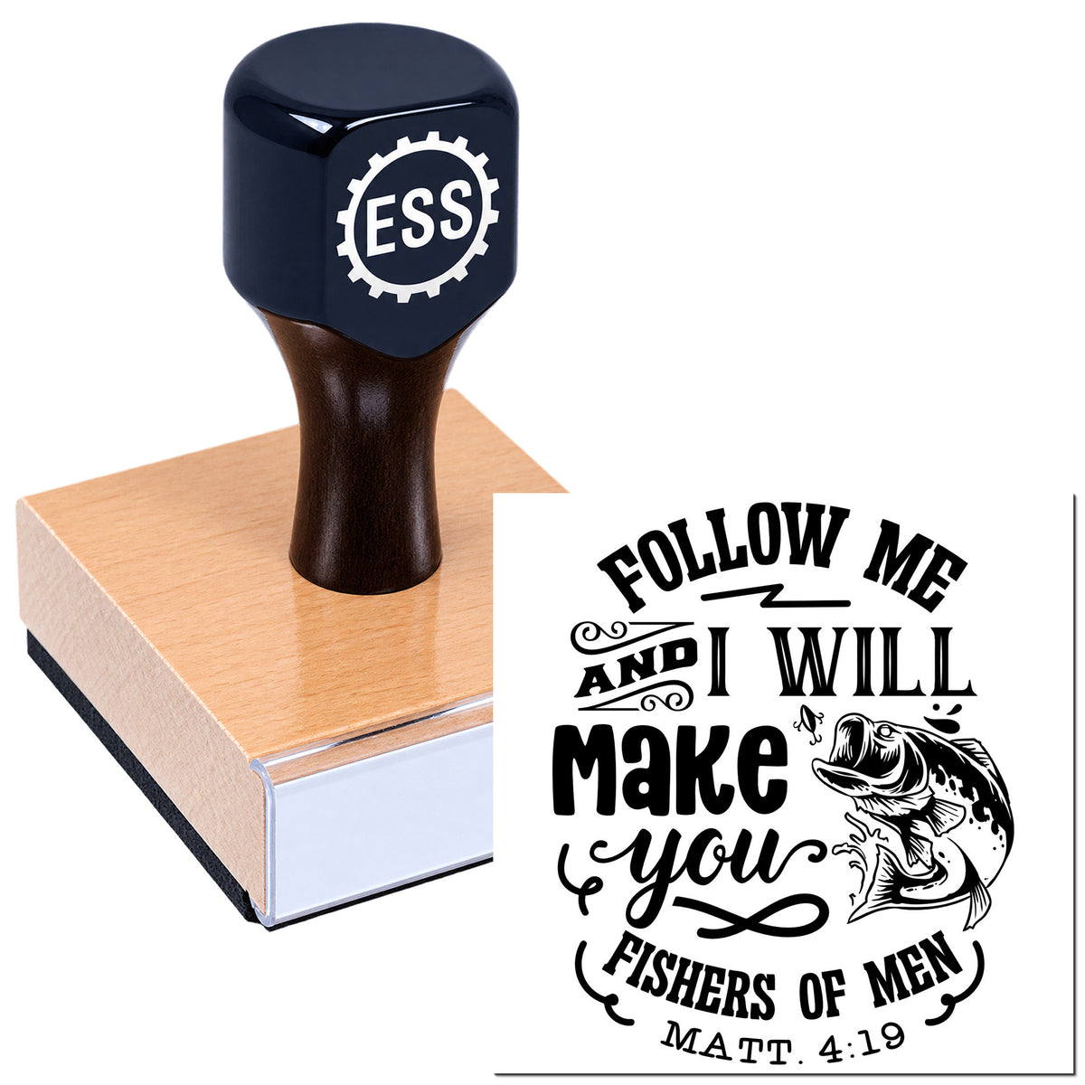 Black ESS stamp and seal on wooden base with fish design and "Follow Me..." Bible verse text.