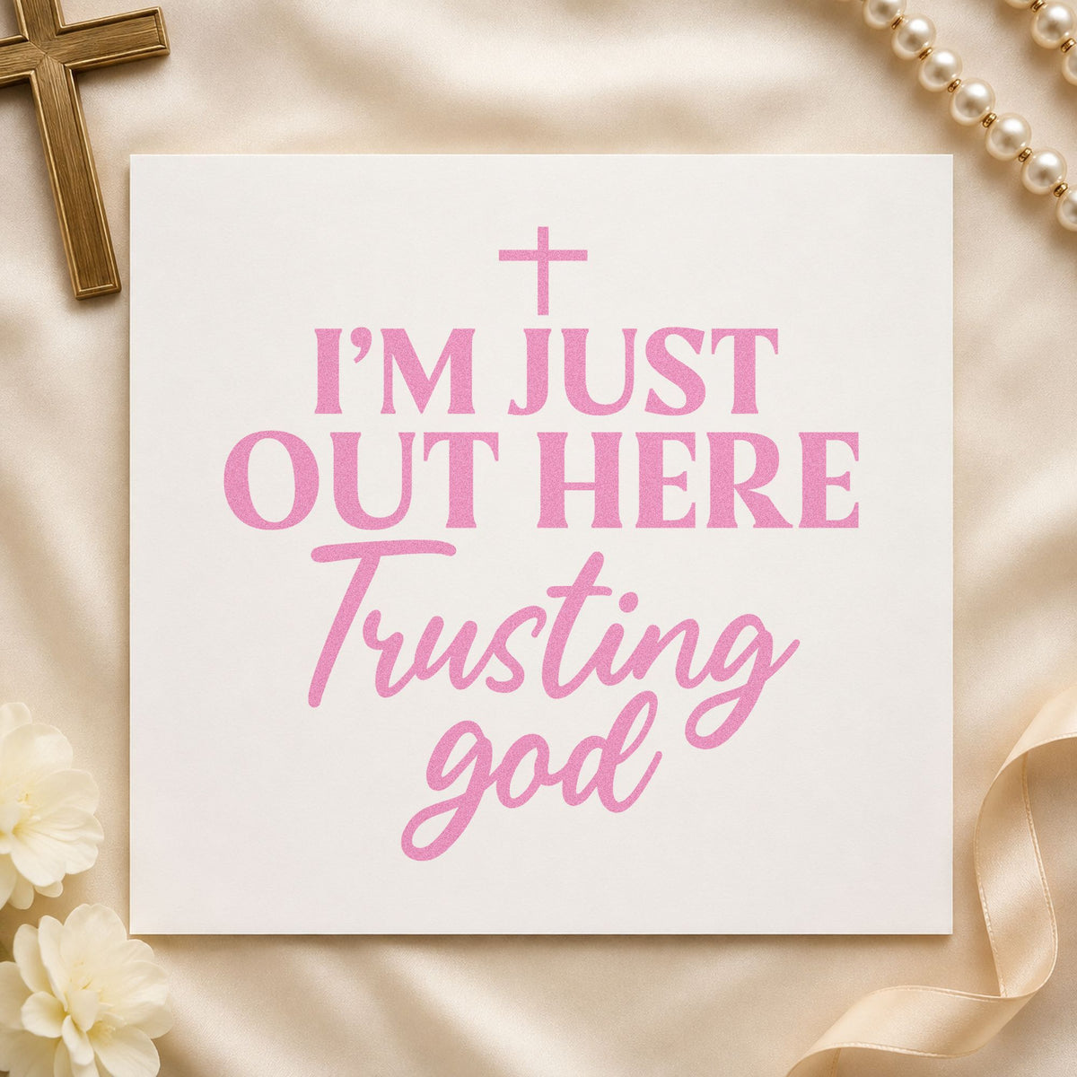 Out Here Trusting God craft stamp in purple ink on cardstock, an easy option for moving box labels.