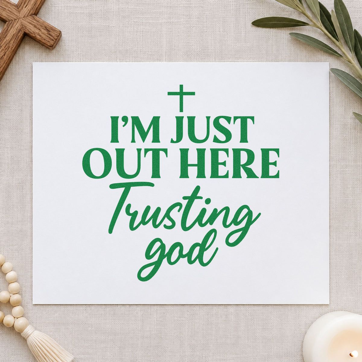 Out Here Trusting God craft stamp imprint in green ink on a handmade project, one idea being job hunt care kits.