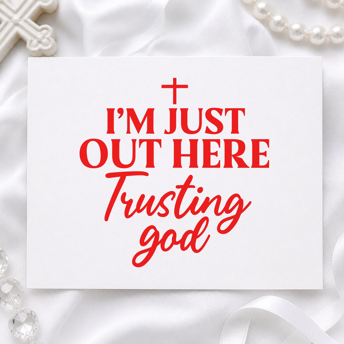Out Here Trusting God rubber stamp shown in red ink, stamped for projects such as pastor appreciation.