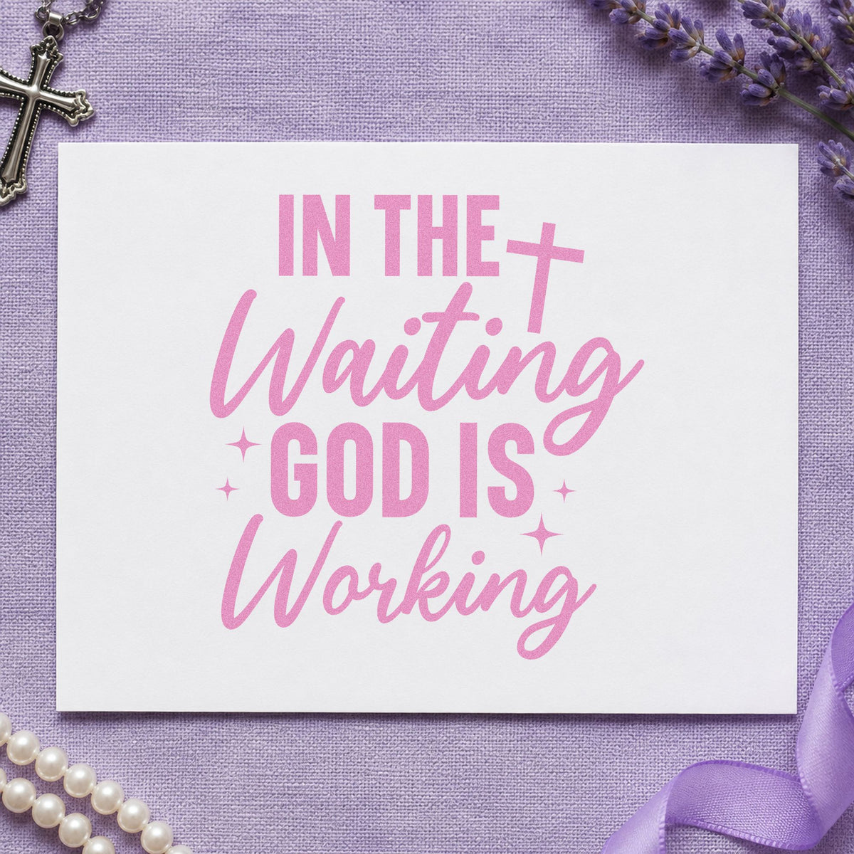 In the Waiting God Is Working craft stamp in purple ink on cardstock, an easy option for adoption journey gifts.