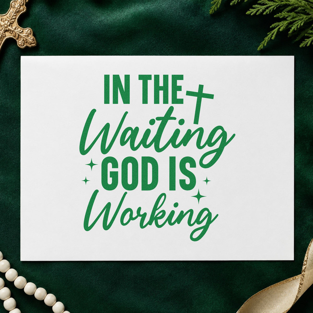 In the Waiting God Is Working craft stamp imprint in green ink on a handmade project, one idea being prayer box lids.
