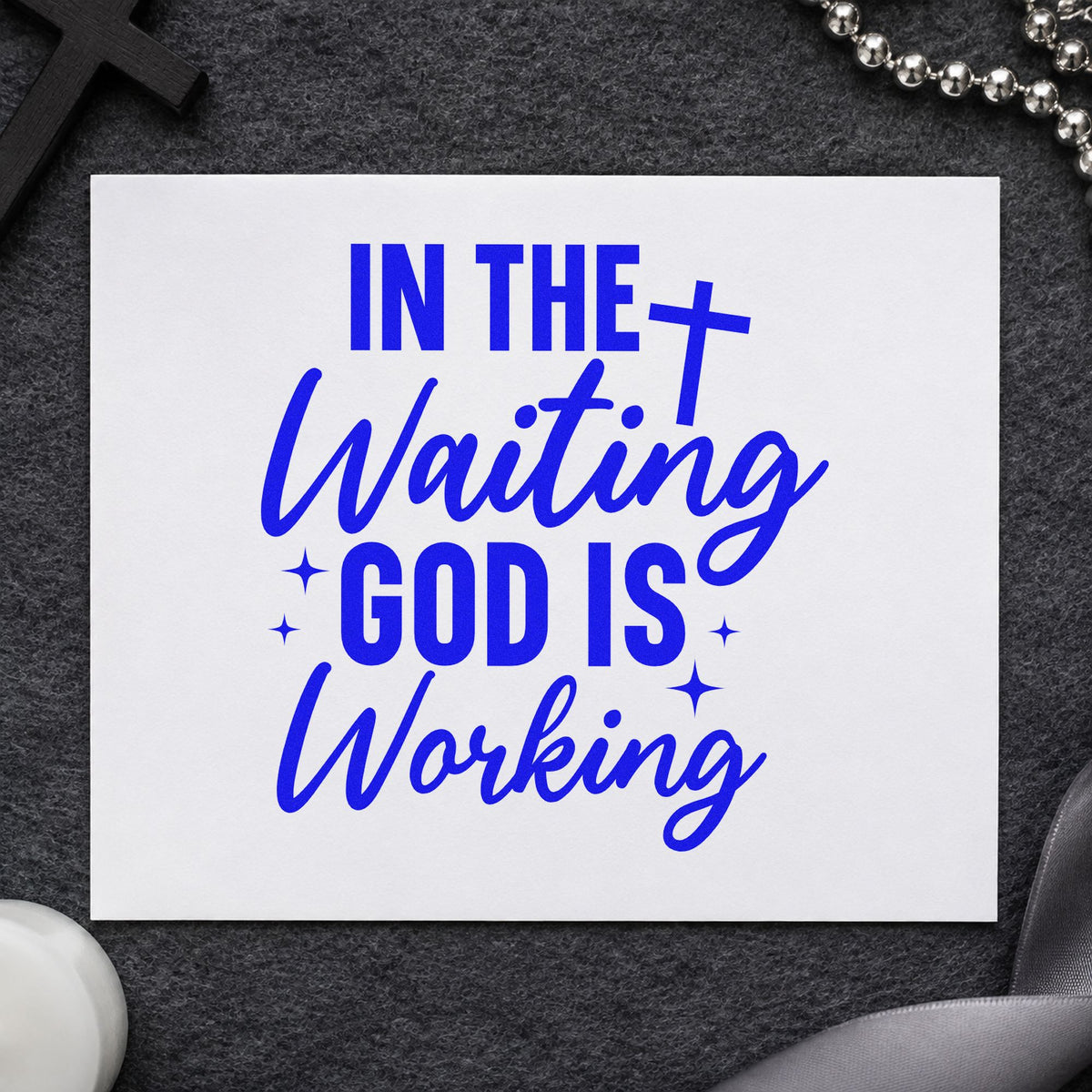 In the Waiting God Is Working craft stamp in blue ink on cardstock, an easy option for before the answer pages.