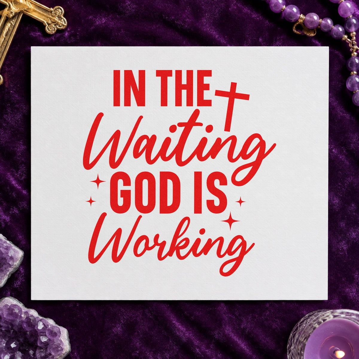 In the Waiting God Is Working rubber stamp shown in red ink, stamped for projects such as hospital waiting notes.