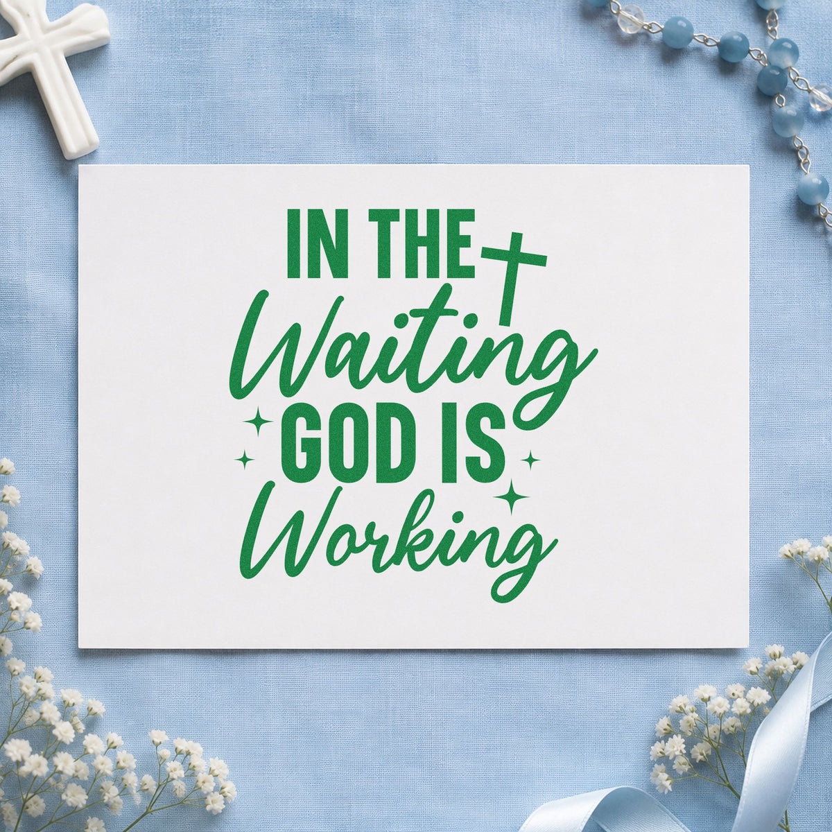 In the Waiting God Is Working craft stamp imprint in green ink on a handmade project, one idea being advent calendar tags.