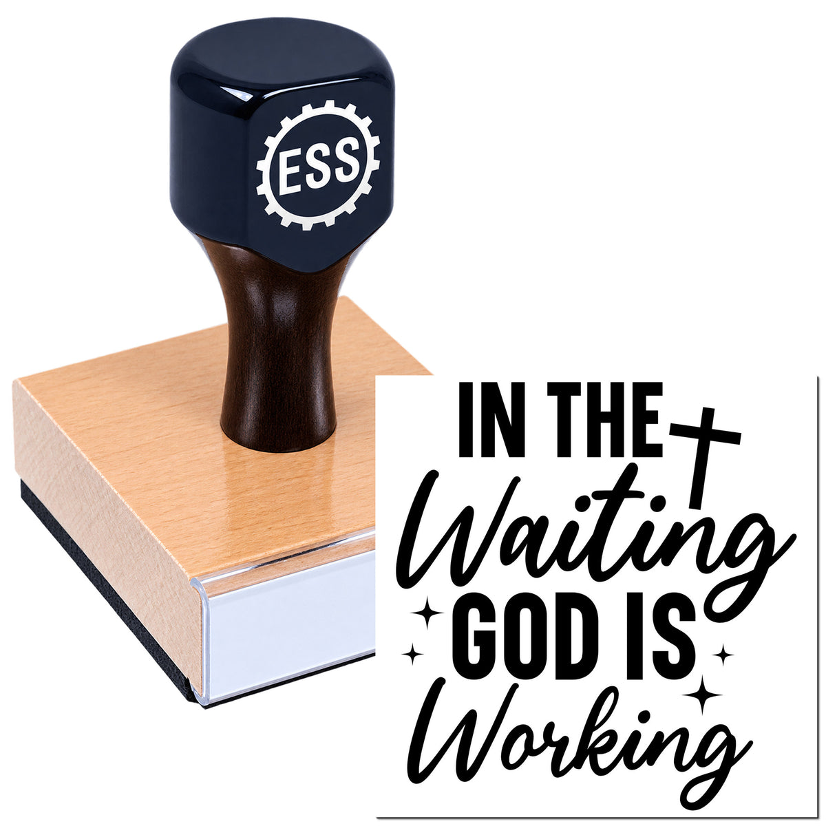 Dark blue ESS logo stamp on a copper seal pad beside "In the waiting God is working" text.