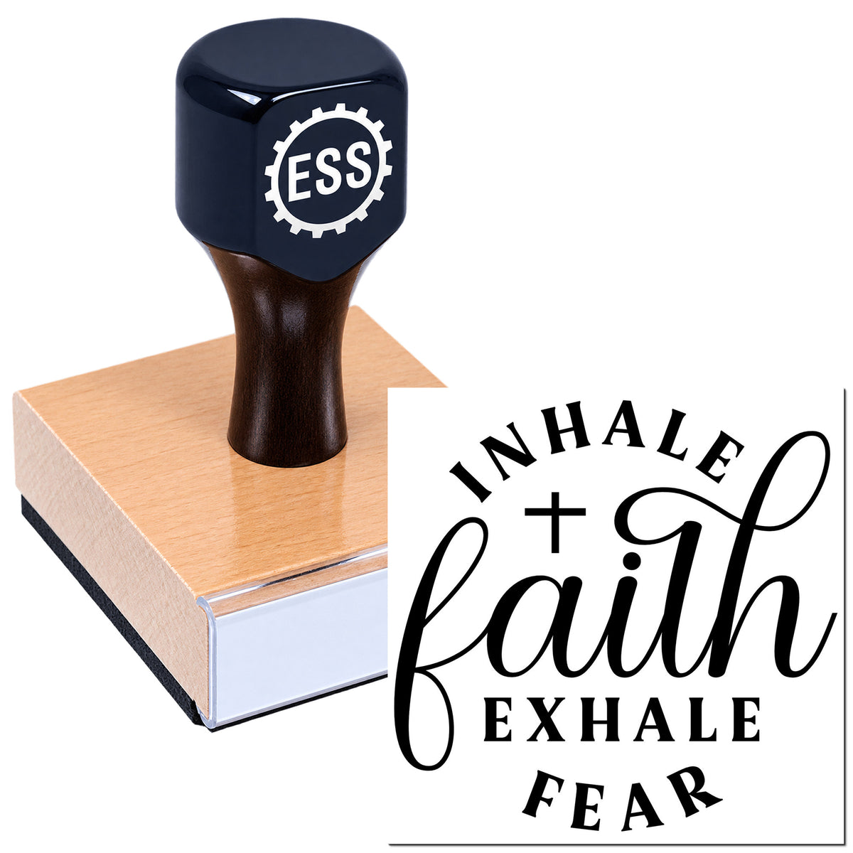 Dark navy ESSI stamp on a wood-mounted seal block, with black "Inhale faith, exhale fear" lettering.