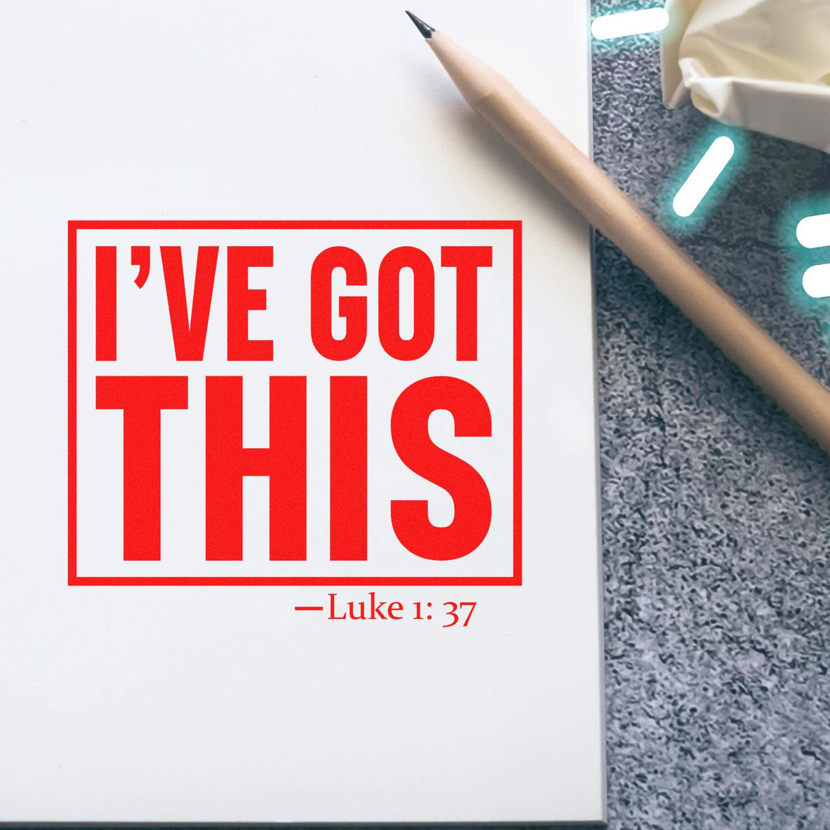 I've Got This rubber stamp shown in red ink, stamped for projects such as race day bib notes.