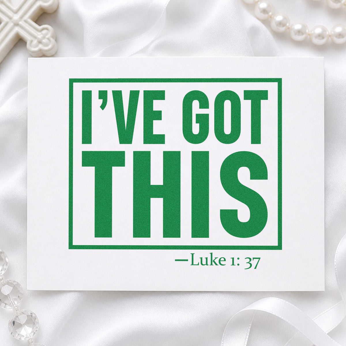 I've Got This craft stamp imprint in green ink on a handmade project, one idea being mirror clings.