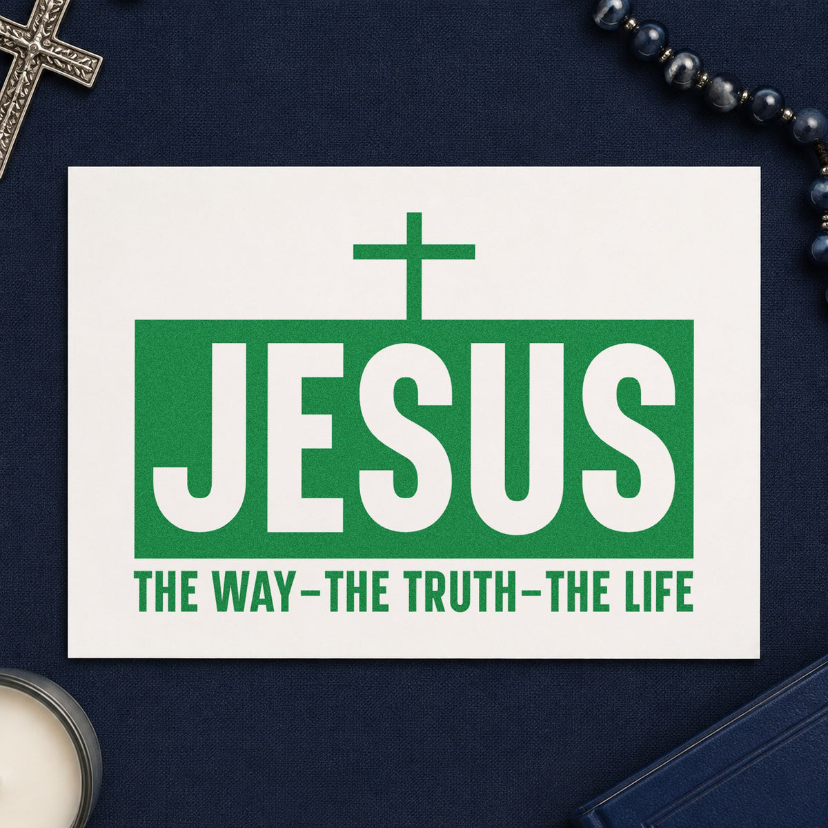 Jesus the Way Truth Life craft stamp imprint in green ink on a handmade project, one idea being baptism gifts.