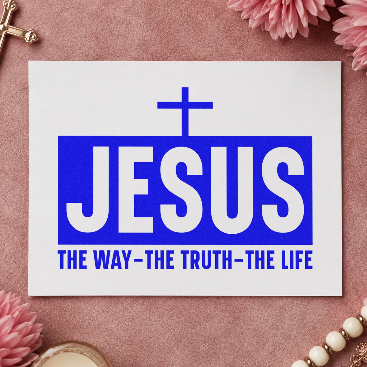 Jesus the Way Truth Life craft stamp in blue ink on cardstock, an easy option for canvas totes.
