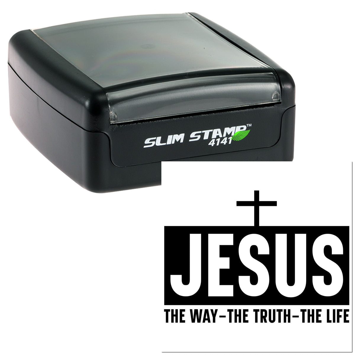Black Slim Stamp 4141 self-inking seal with gray cap, featuring a JESUS logo and cross emblem.