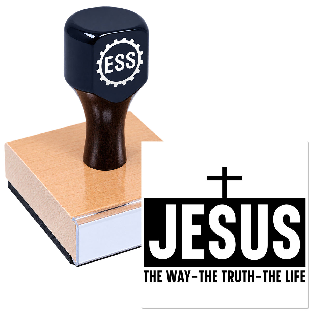 Black ESS stamp on a wooden block beside a JESUS seal graphic, with cross symbol on a white background.