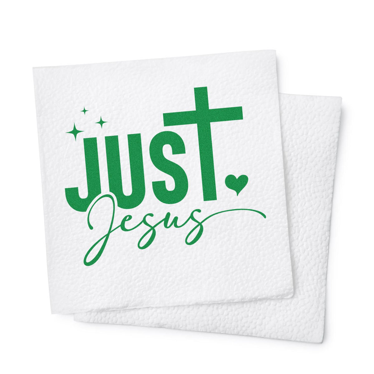 Green Just Jesus custom stamp on white textured paper seals, with star sparkles and a small heart accent.