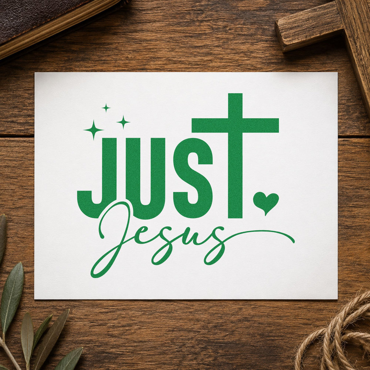 Just Jesus craft stamp imprint in green ink on a handmade project, one idea being stationery headers.