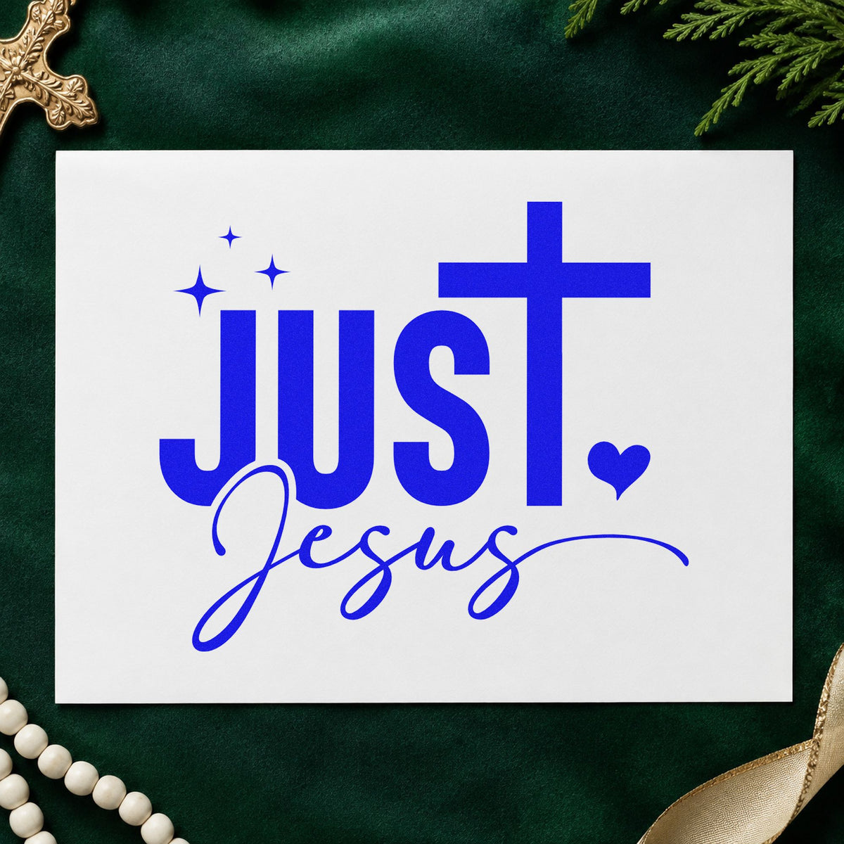 Just Jesus craft stamp in blue ink on cardstock, an easy option for tee transfers.