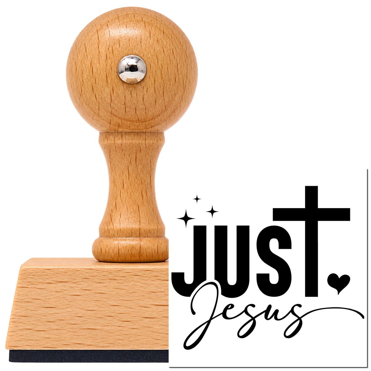Vintage Pro beech wood stamp with a round knob handle, shown with its black Just Jesus imprint on white.