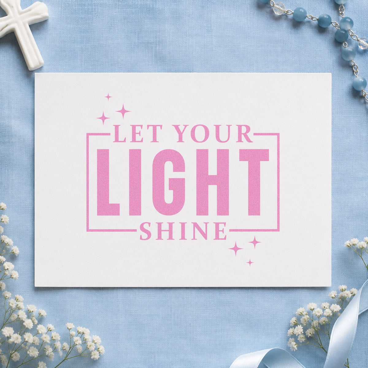 Let Your Light Shine craft stamp in purple ink on cardstock, an easy option for candle label crafts.