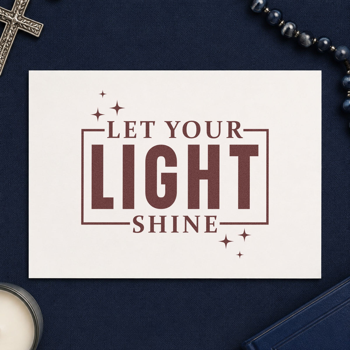 Let Your Light Shine rubber stamp printed in brown ink, ready for service trip pages and similar paper crafts.