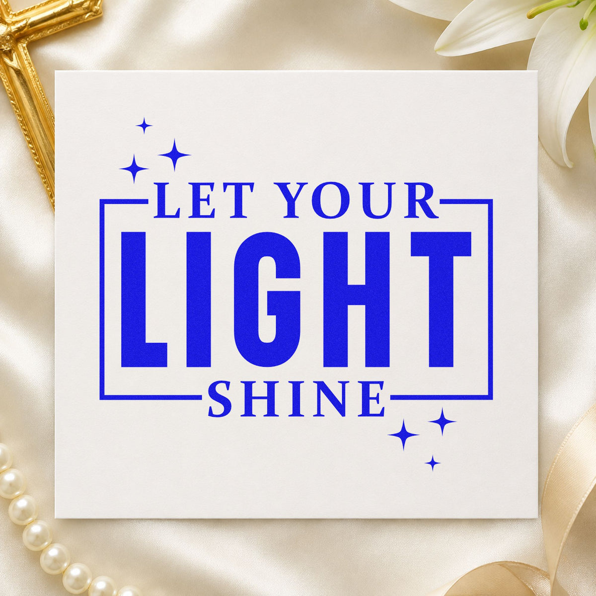 Let Your Light Shine craft stamp in blue ink on cardstock, an easy option for canvas totes.