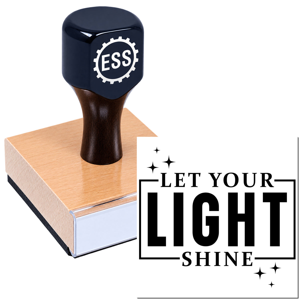 Black ESS custom stamp and seal on copper-toned block with "Let Your Light Shine" text and sparkles.