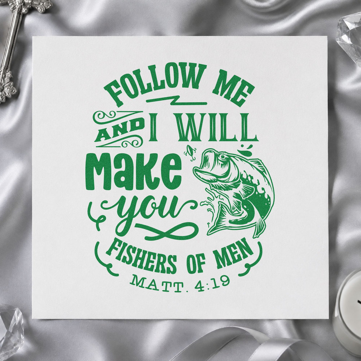 Follow Me Fishers of Men craft stamp imprint in green ink on a handmade project, one idea being men's breakfast invites.