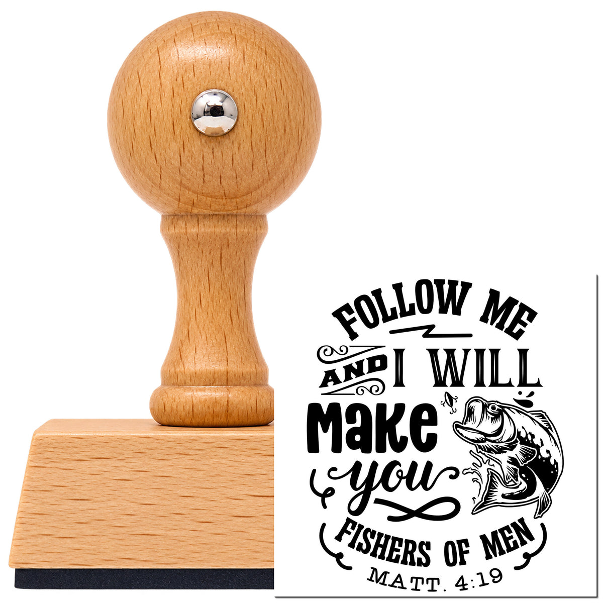 Vintage Pro beech wood stamp with a round knob handle, shown with its black Follow Me And I Will Make You Fishers Of Men Leaping Fish imprint on white.